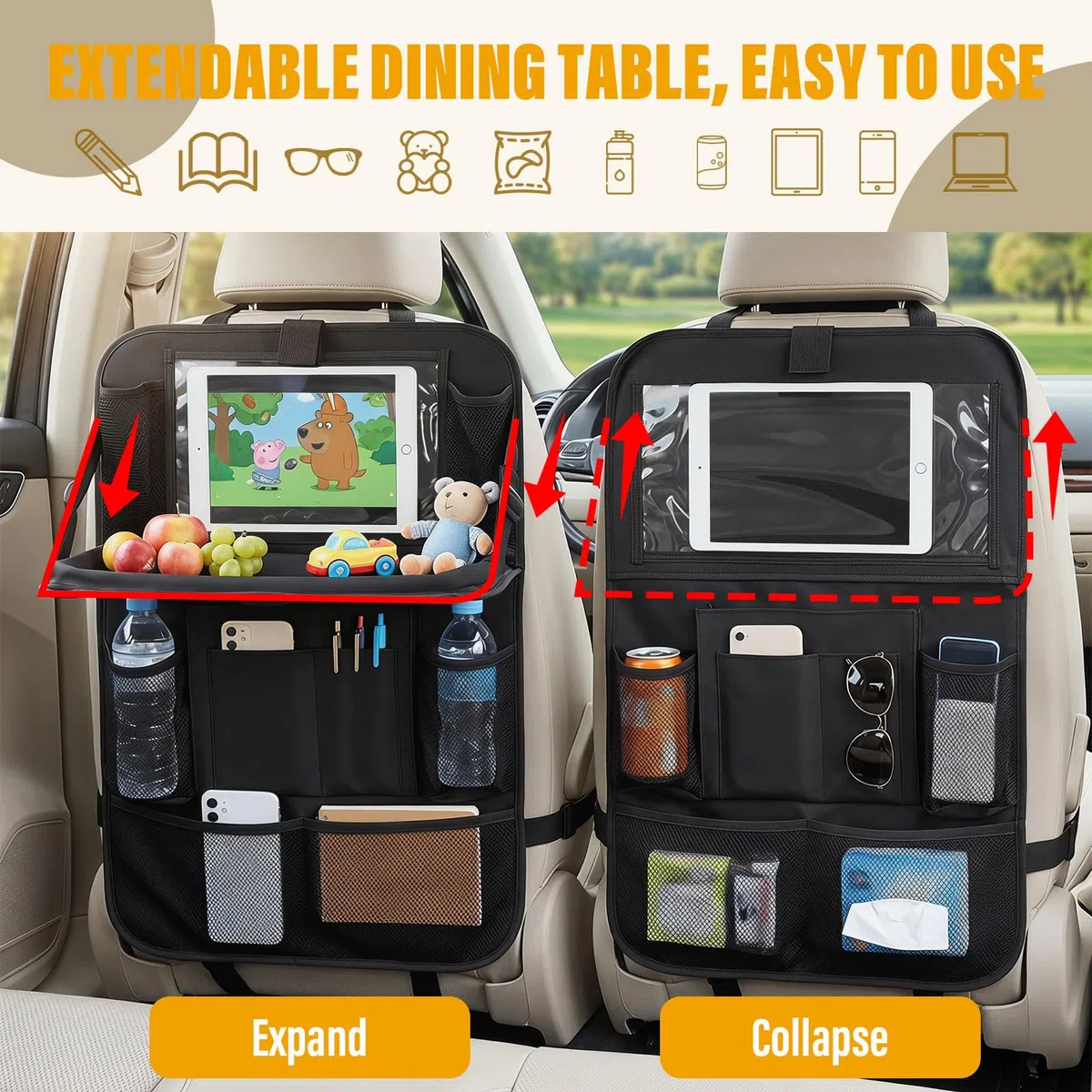 2 Pcs Organizador Asiento Coche,Bolsa de Almacenamiento del Coche con Mesa Plegable y Funda Para Teléfono Móvil/Tableta,Protector Asiento Coche Para Almacenar Juguetes, Bocadillos Y Tazas En El Auto
