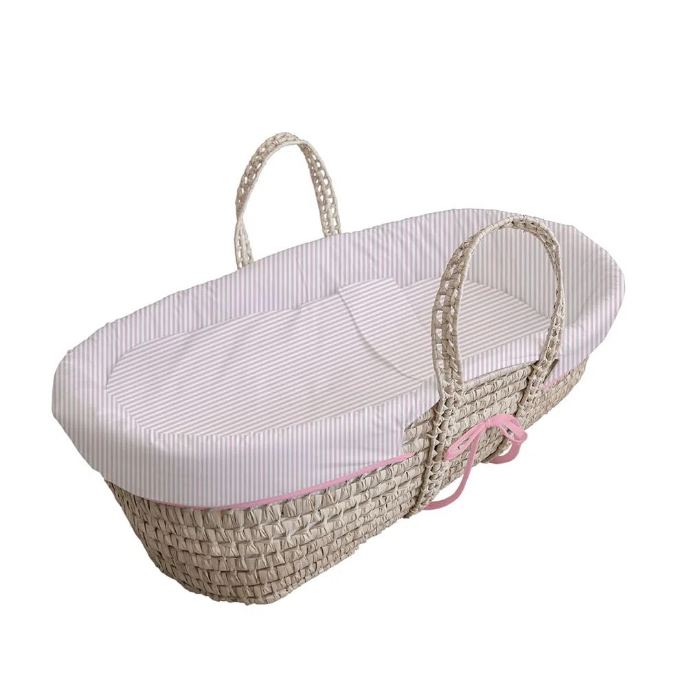 Tanuki Moisés de Mimbre Natural para Bebé con Base de Madera - Hecho a Mano - Colchón Incluido - Estilo nórdico Rayas Rosa