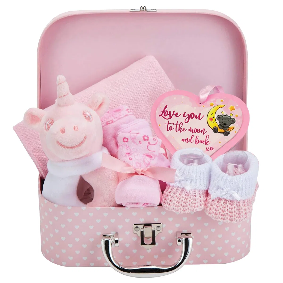 Baby Box Shop - Set de nacimiento para bebé y niña, con regalos para bebés, incluye sonajero para bebé, marco de fotos, ropa de gasa, babero, par de calcetines, par de mitones y gorro