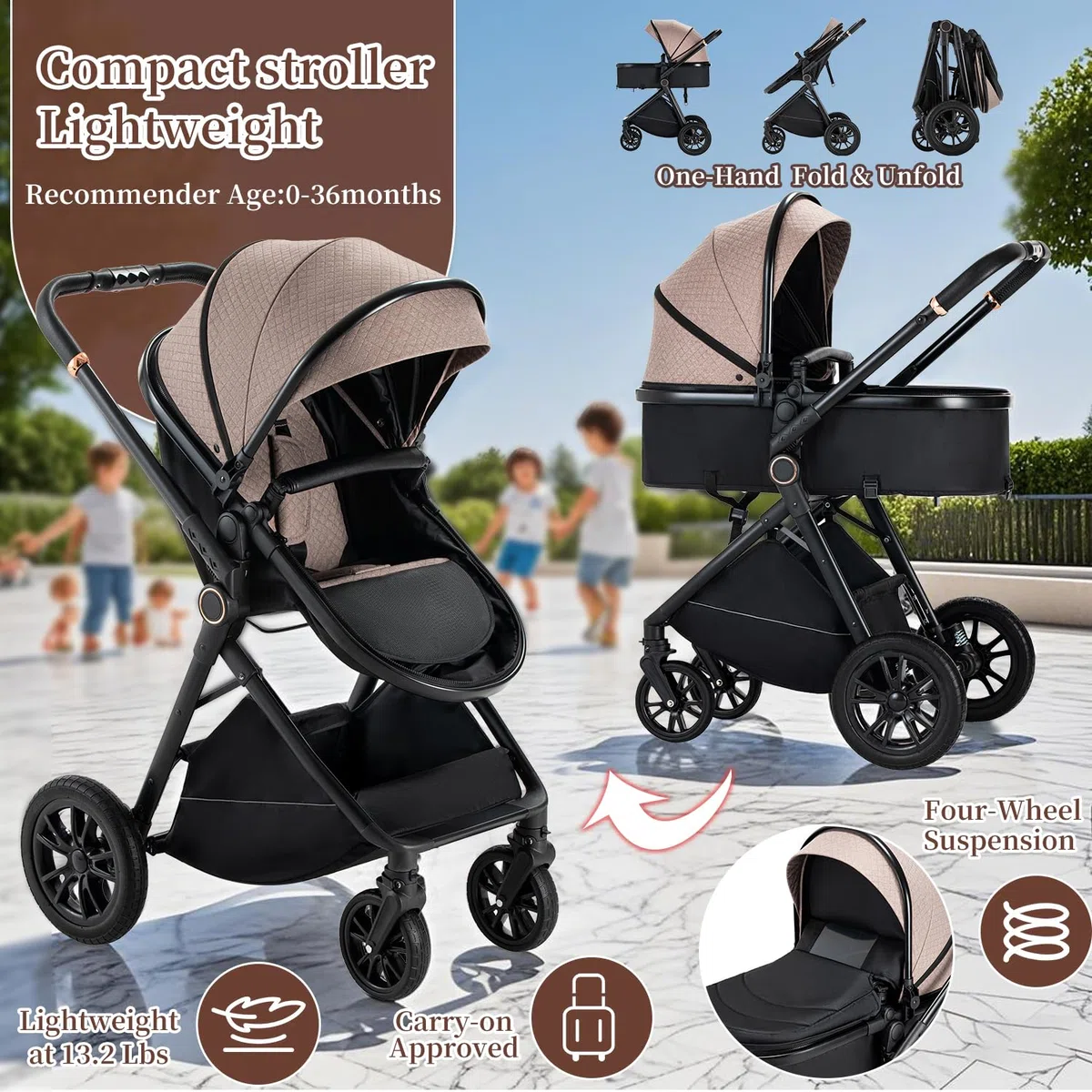 Cochecito 3 en 1, plegable, juego completo de portavasos, mosquitera, cubierta para los pies para bebés recién nacidos (caqui)