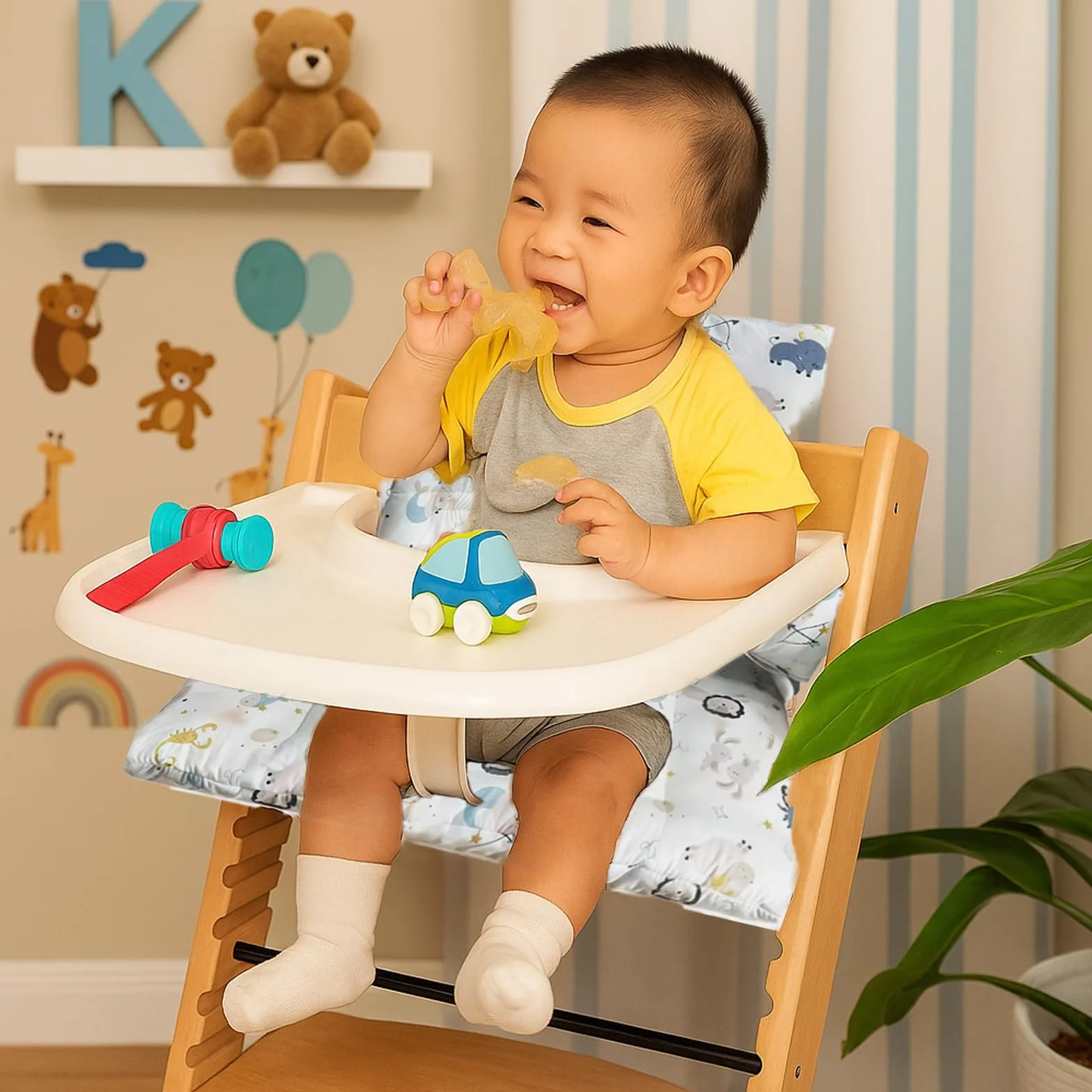 Juego de 2 cojines para trona Stokke Tripp Trapp, de algodón orgánico con revestimiento laminado resistente al agua, fácil de limpiar y extraíble, lavable a máquina (animales marinos)