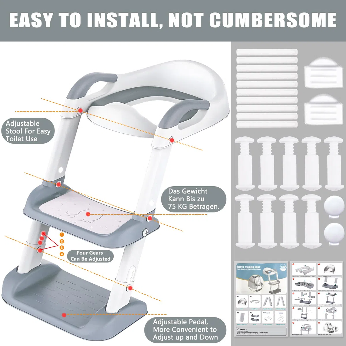 Adaptador Reductor WC Niños, Adaptador WC Bebe Niños con Escalera, Antideslizante, Plegable con PU Cojín, Portatil Orinal Asiento Baño Inodor para Inodoros en Forma