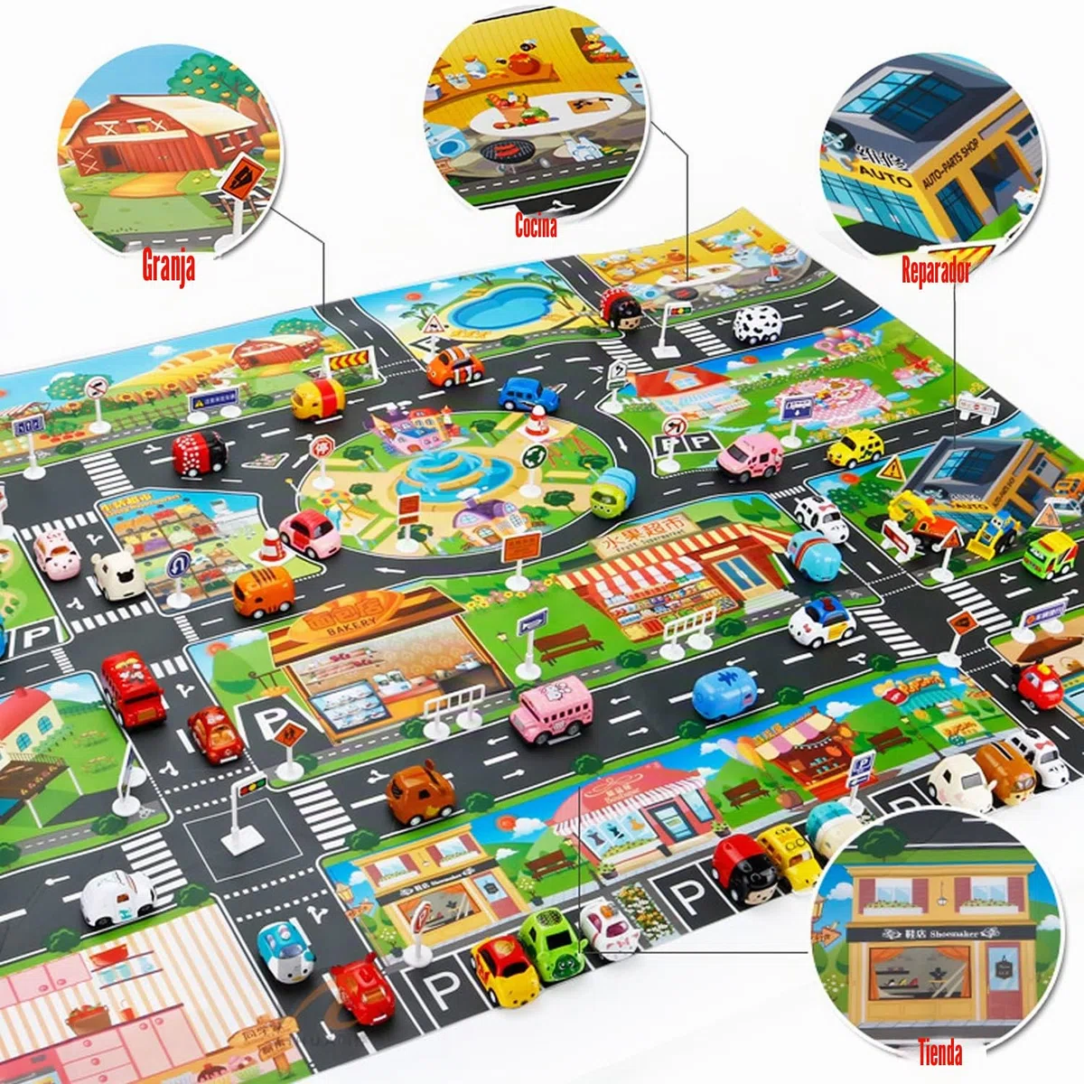 Alfombra de Juguete(39 * 51in/100 * 130cm) Road Playmat Juguete, PVC de plástico para niños, Alfombra Impermeable Ciudad Vida Ideal para Jugar con Coches y Juguetes