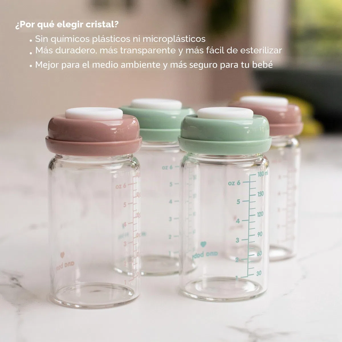 ana Baby - Botellas de almacenamiento de vidrio para leche materna, 180 ml, apto para lavavajillas, congelador y microondas