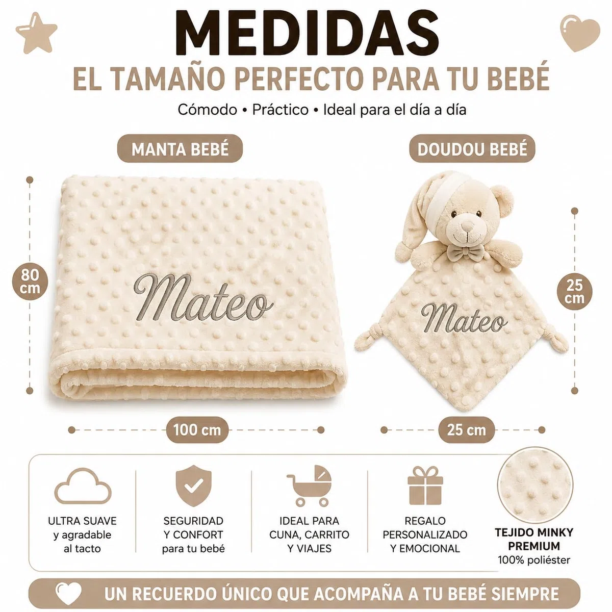 mibebestore Pack Manta Bebé Personalizada con Nombre con Doudou Bordado Regalo para Recién Nacido Niño o Niña Mantita Minky Suave 80x100 cm Dou Dou 25x25 cm para Cuna Coche - Oso Beige