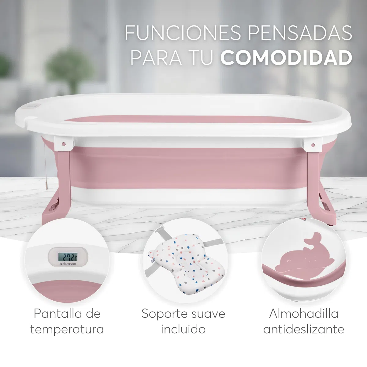 KikkaBoo Bañera para Bebés WILLY, Diseño Plegable, Termómetro Integrado, Cojín de Baño Suave, Patas Antideslizantes, Tapón de Drenaje, Material No Tóxico, Rosa