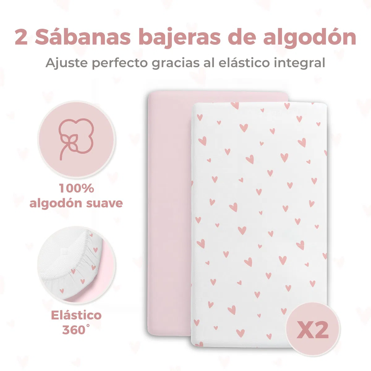 Dreamzie 2 Sabanas Minicuna + 1 Protector Colchón Cuna Impermeable Bebe⎥100% Algodón para Cuna, Moisés - 50x83 cm Estampado Heart