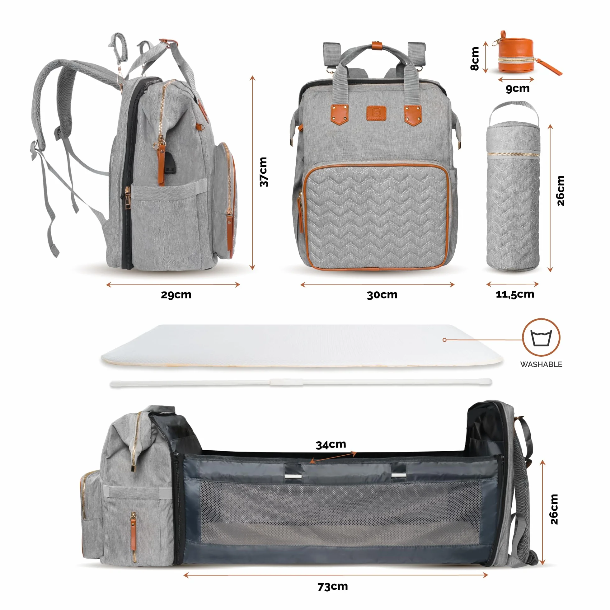 Bolso para Carrito de Bebé Mochila de Pañales con Cuna Extensible QUINO&CO. Unisex con Ganchos Carro, Funda para Biberones, Chupetero, USB | Regalo Bebes Recien Nacidos (Gris)