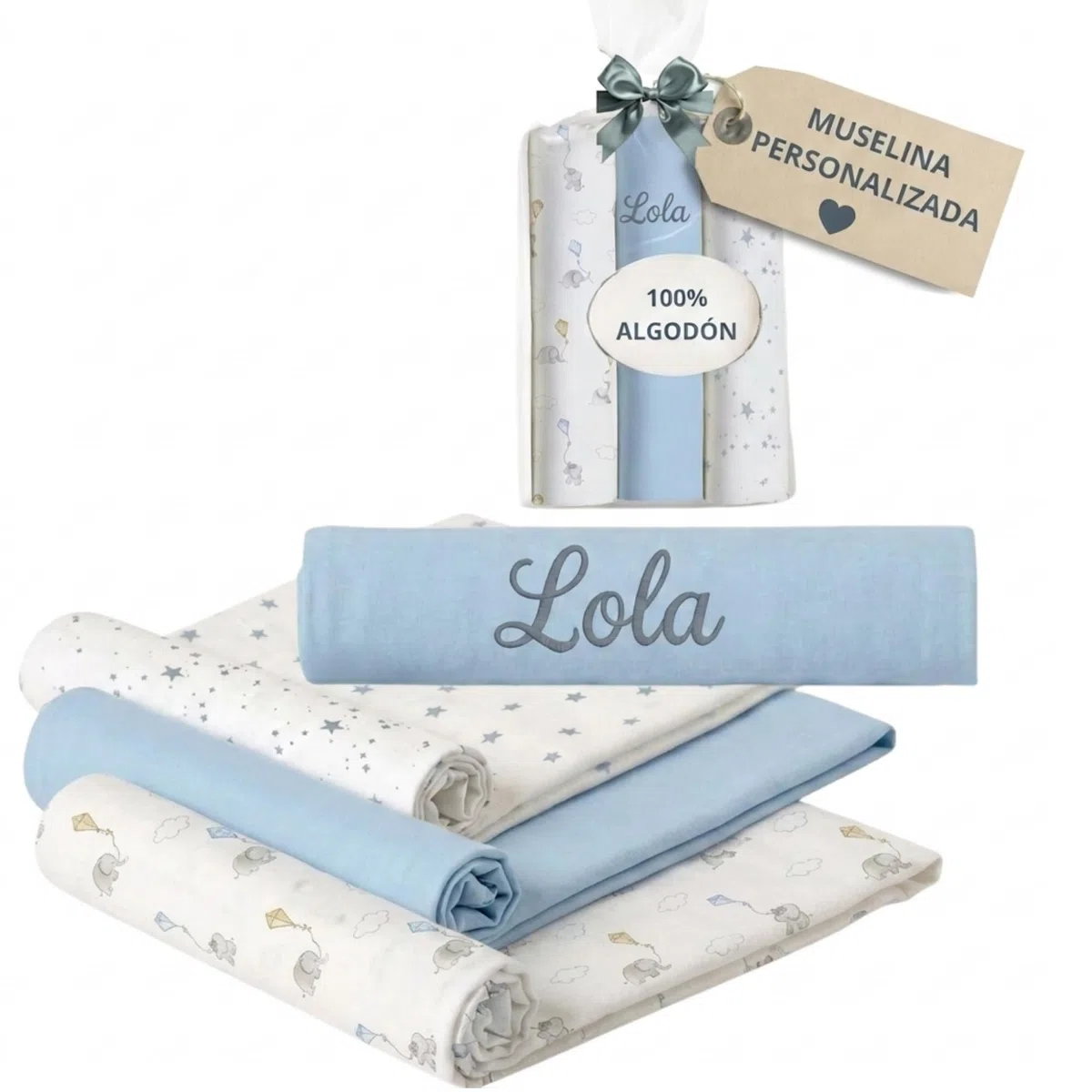 Muselina Bebé Personalizada Nombre Bordado 100% Algodón. Pack Muselinas 2+1 Recién Nacido Niño Niña - Regalo Nacimiento con Nombre - Regalo Padres y Mamás Primerizas - Azul