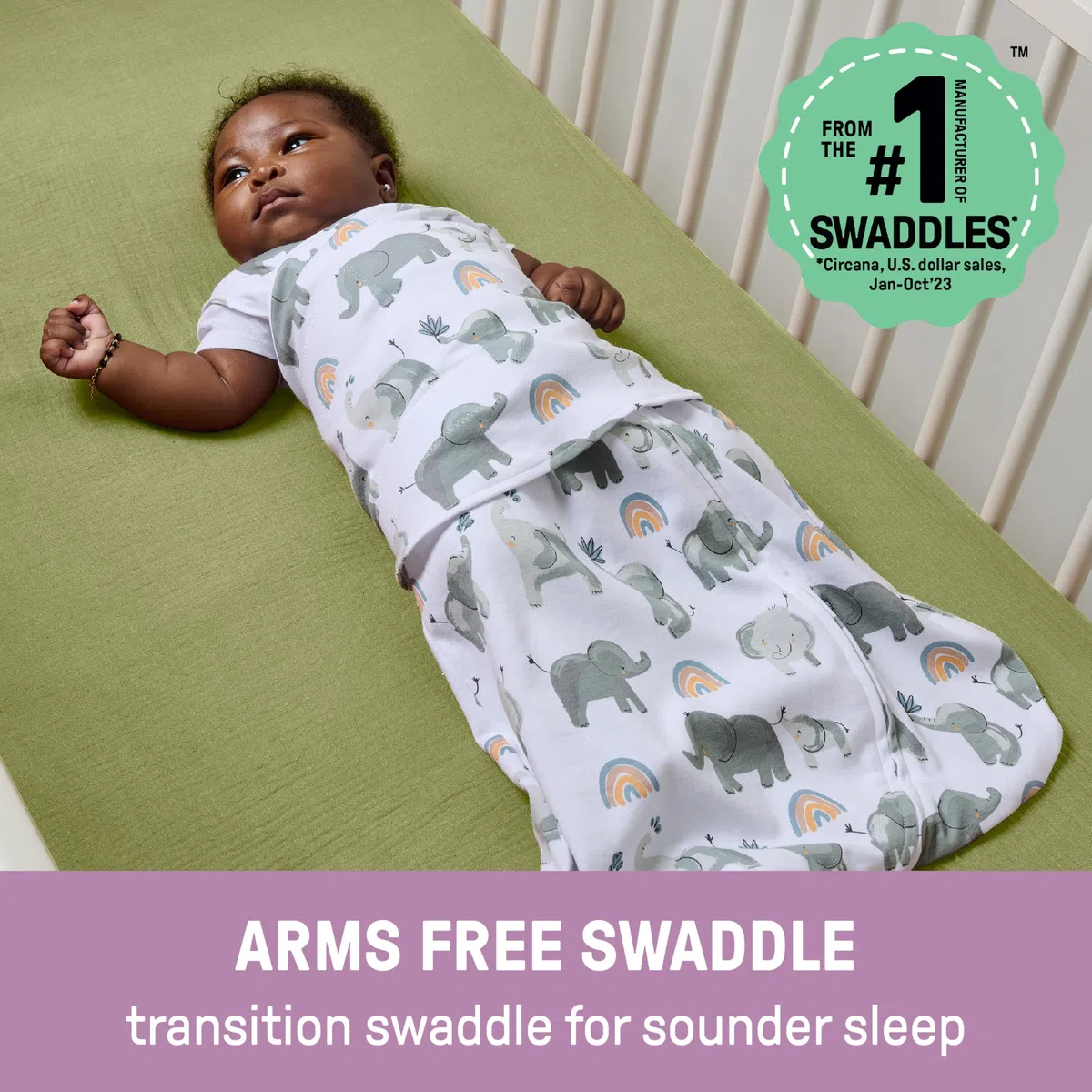 SwaddleMe by Ingenuity, Manta Convertible Arms Free, para Edades Entre 0 y 3 Meses, Entre 6,35 y 8,15 Kilos, 1 Unidad, 0.5 TOG - Elefante Feliz