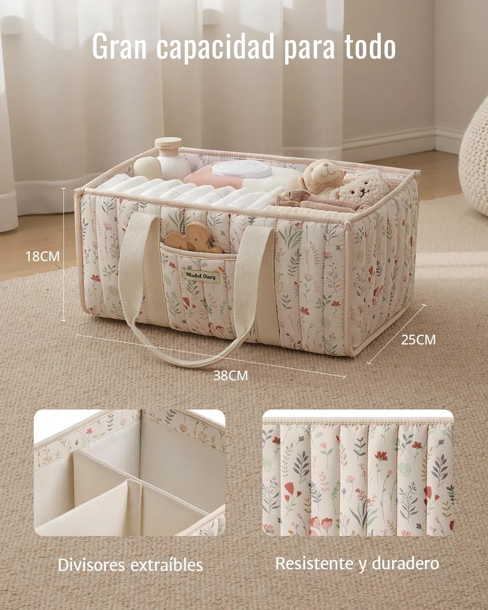 Blissful Diary Organizador de cambiador para bebé, Cesta de Almacenamiento Elegante para Necesidades de Recién Nacidos y Estación de Pañales, Regalo de Baby Shower, Beige Floral