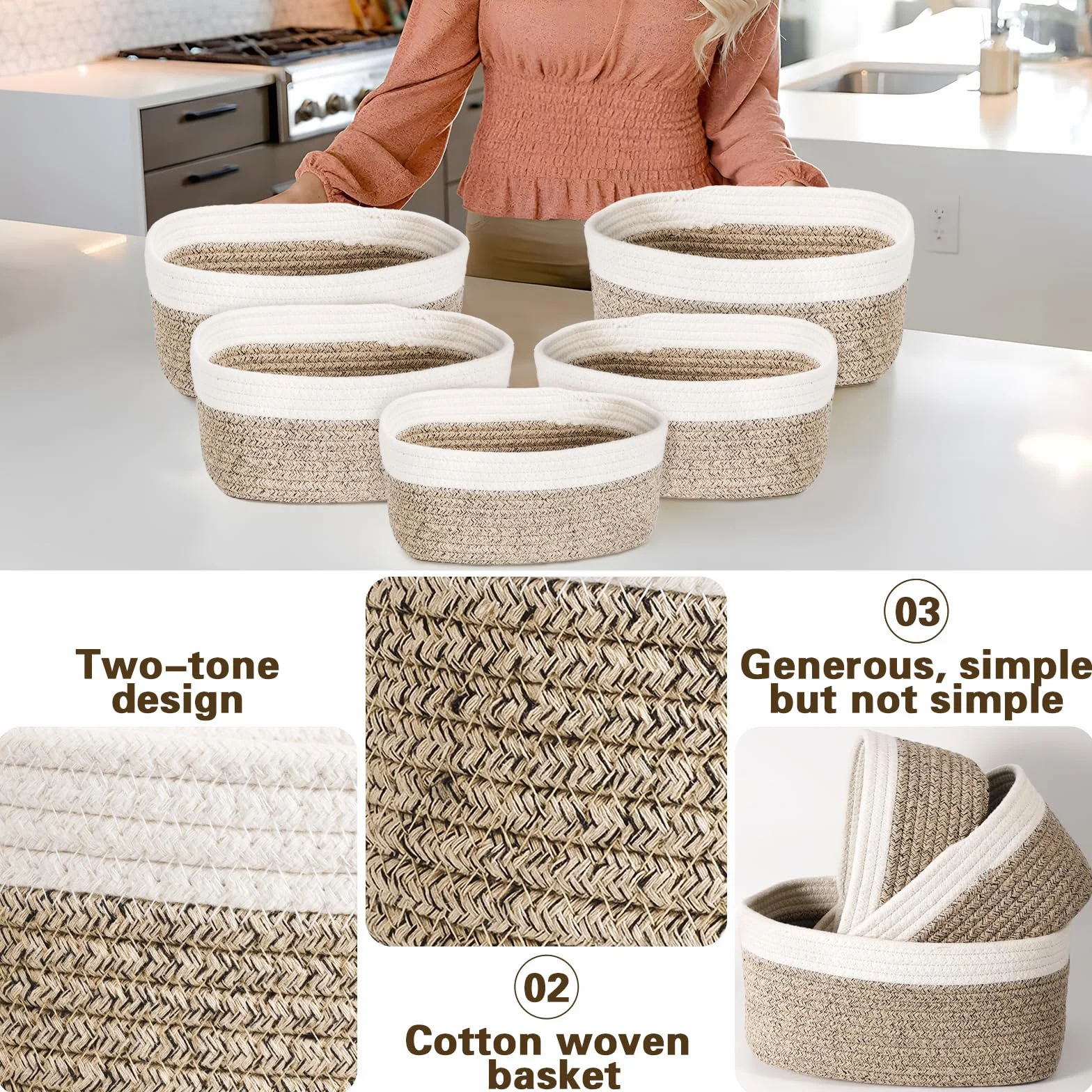 FAMKEEP 5 Piezas Cestas Almacenaje de Cuerda de Algodón,Juego de Cajas de almacenaje,Cestas Pequeñas para Organización y Almacenaje Para Dormitorio, Baño, Cocina, Armario, Juguetes, Maquillaje
