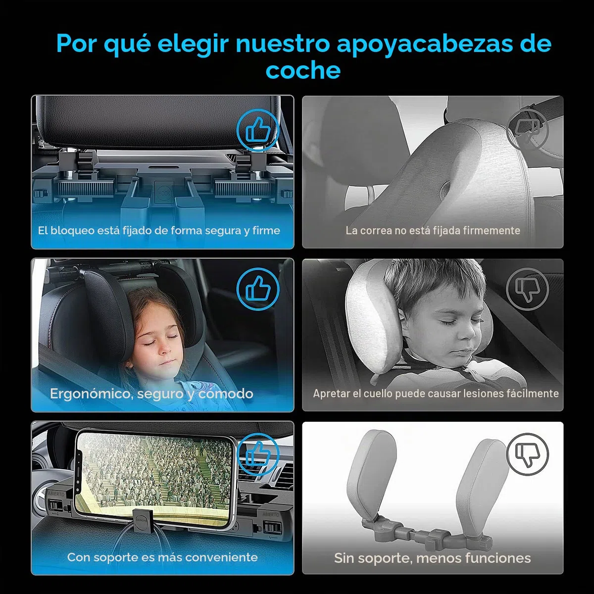 Reposacabezas Coche, Soporte para El Cuello Retráctil y Extraíble Almohada Gancho para Reposacabezas del Asiento del Coche, para Niños Adultos Soporte para La Cabeza (Negro, A05 PVC)