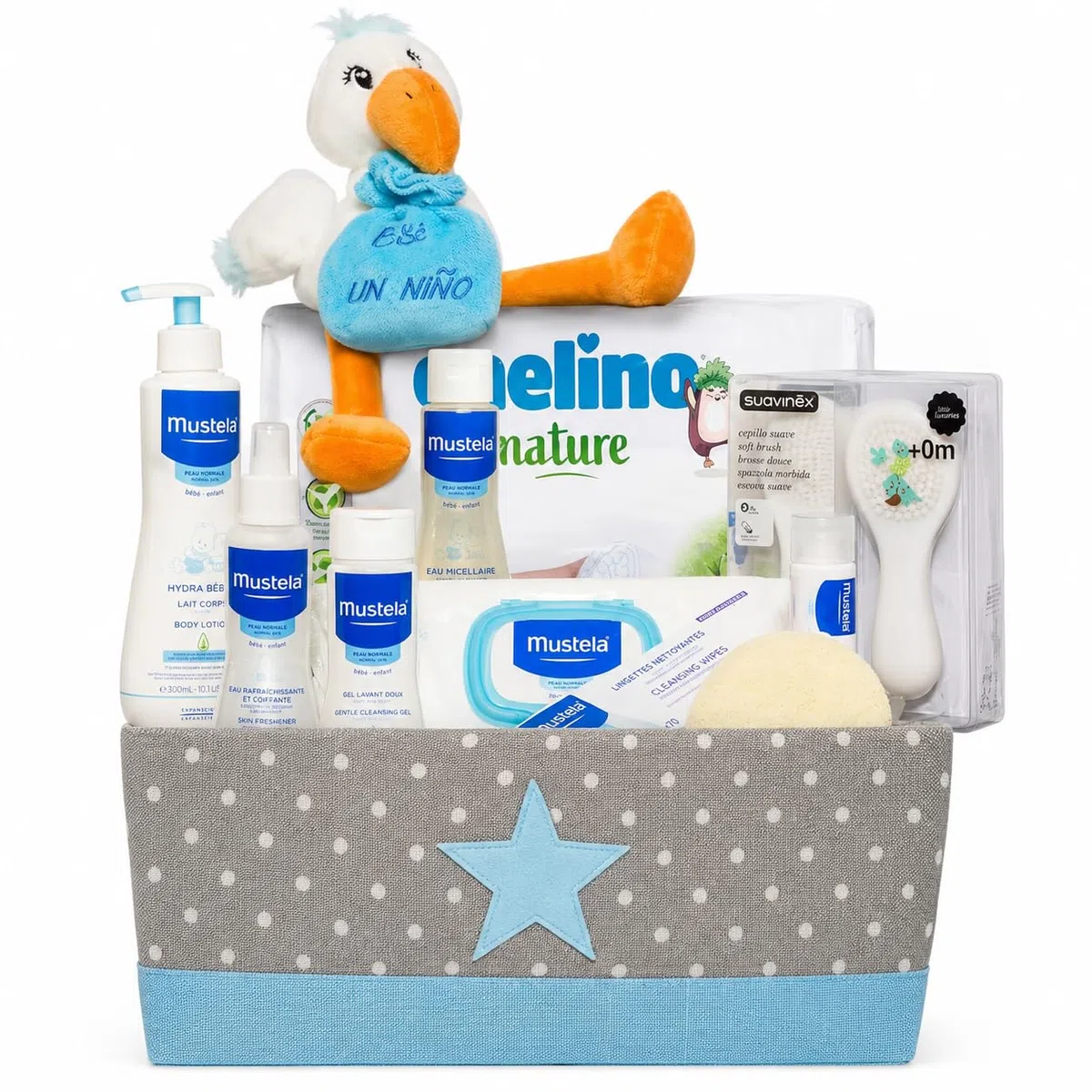 Canastilla Bebé Supreme | Cesta Regalo Recién Nacido | Incluye Caja Multiusos, Peluche Cigüeña, Gel, Champú, Colonia, Crema, Hidratante, Esponja, Cepillo y Peine, Toallitas y Pañales (Azul)