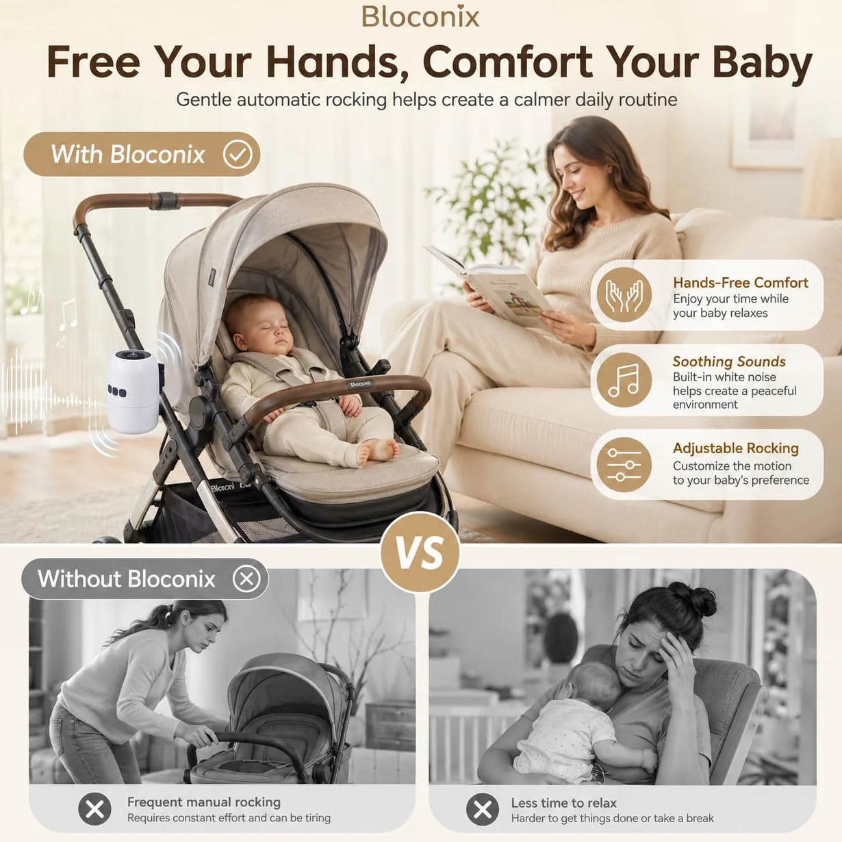 Baby Rocker Recargable, Mecedora Carro Bebe con 5 Niveles de Balanceo y Ruido Blanco - Ajustable, Ultra Silencioso, USB-C, 2 Soportes Universales para Todos los Cochecitos (Gris)