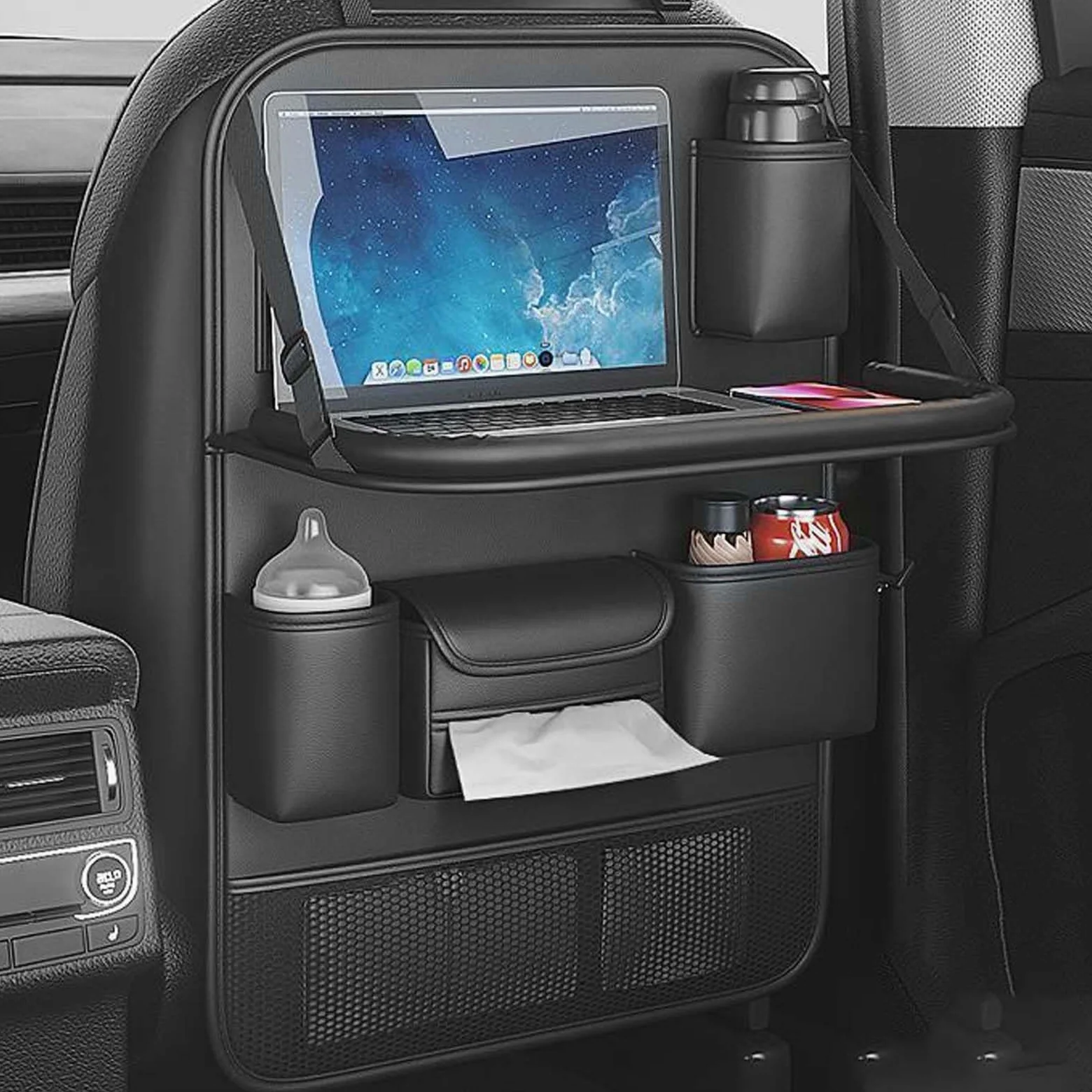 Organizador Coche Asiento, Protector Asiento Coche Respaldo, Multi Bolsillo Almacenamiento de Coche, Organizador para Coche con Mesa Plegable para iPad Tablet Botella Bebida, Negro, 61x42 cm
