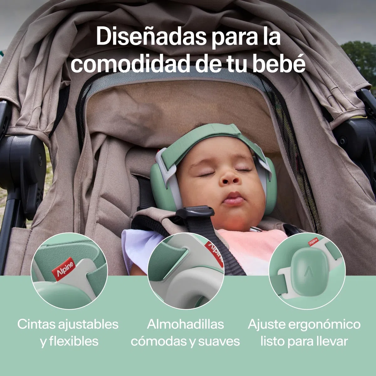 Alpine Muffy Baby Confort – Cascos Bebe Antiruido – Certificado CE & ANSI – Diadema Única Para Un Ajuste Seguro Y Cómodo – Protección Auditiva Ajustable Hasta 48 Meses – Atenuación De 24 dB, Verde