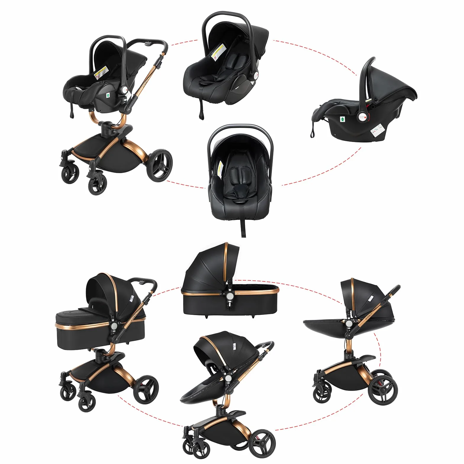 3 en 1 Sistema de Viaje Para Bebé 3 en 1 Cochecito de Paisaje Alto Carrito con Capazo Silla de Paseo Cochecito de Bebé Reclinable Cochecito Estándar Plegable de Recién Nacido (906 Black)