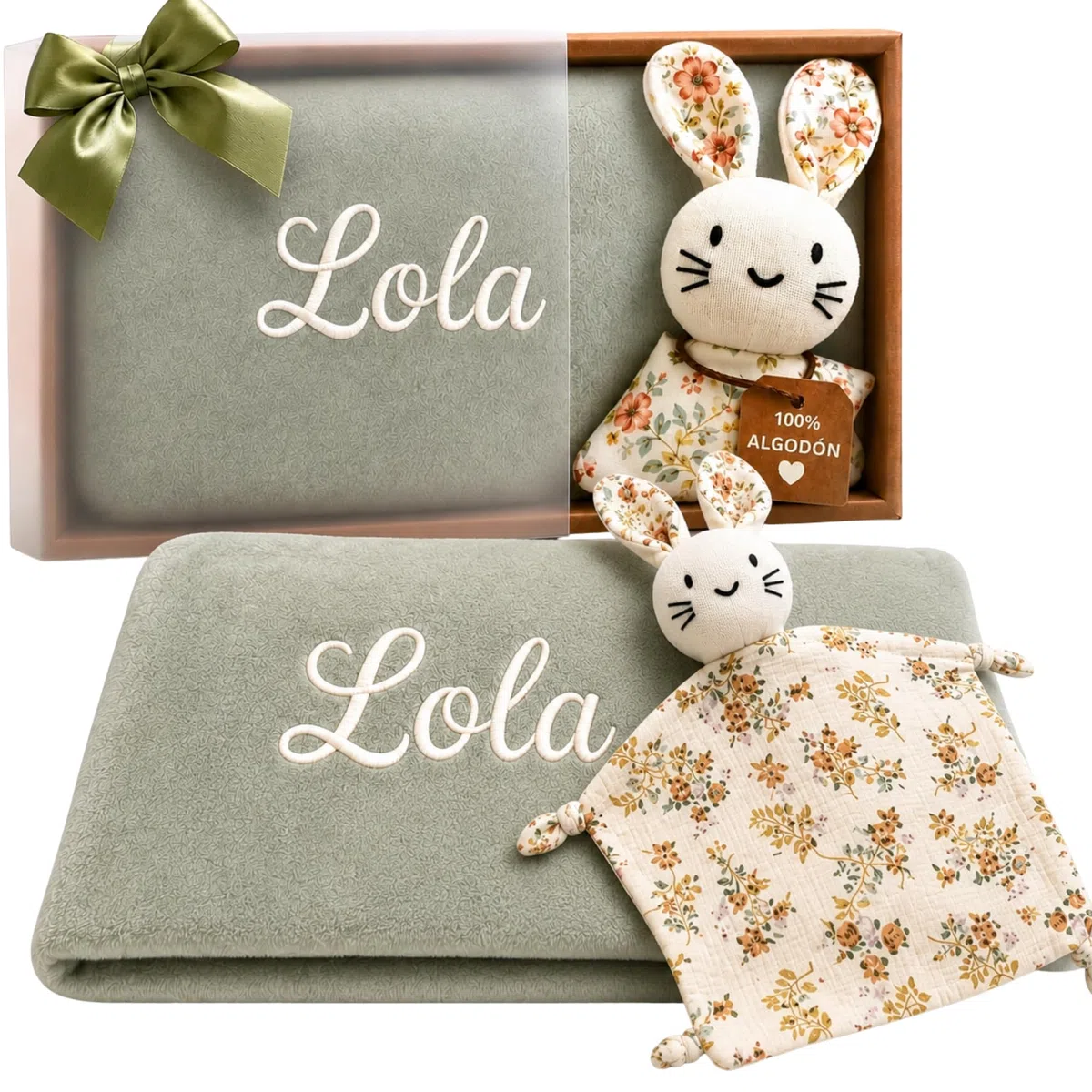 Manta Bebé Verano Personalizada Bordada con Nombre + Doudou 100% Algodón - Pack Regalo Recién Nacido Niño Niña - Set Extrasuave - Ligera Ideal para Verano - 100 x 75cm