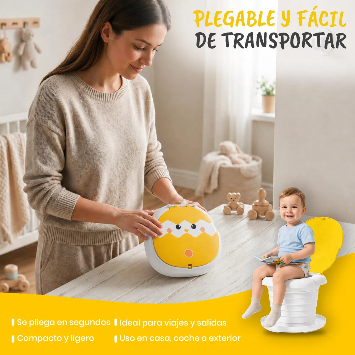 Orinal Portátil Niños Plegable | Orinales Infantiles con 6 Alturas Ajustables | Soporta Hasta 50Kg | Incluye Funda de Transporte y 20 Bolsas Desechables (Amarillo)