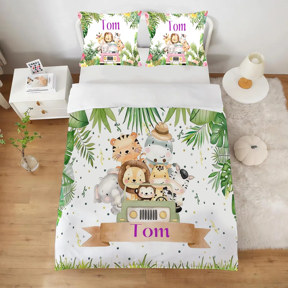 CHEFFS Ropa de cama personalizada para bebé con animales, elefante, cebra, jirafa, león, ropa de cama para niños con nombre, funda de edredón y almohada personalizada de animales salvajes (135 x 200