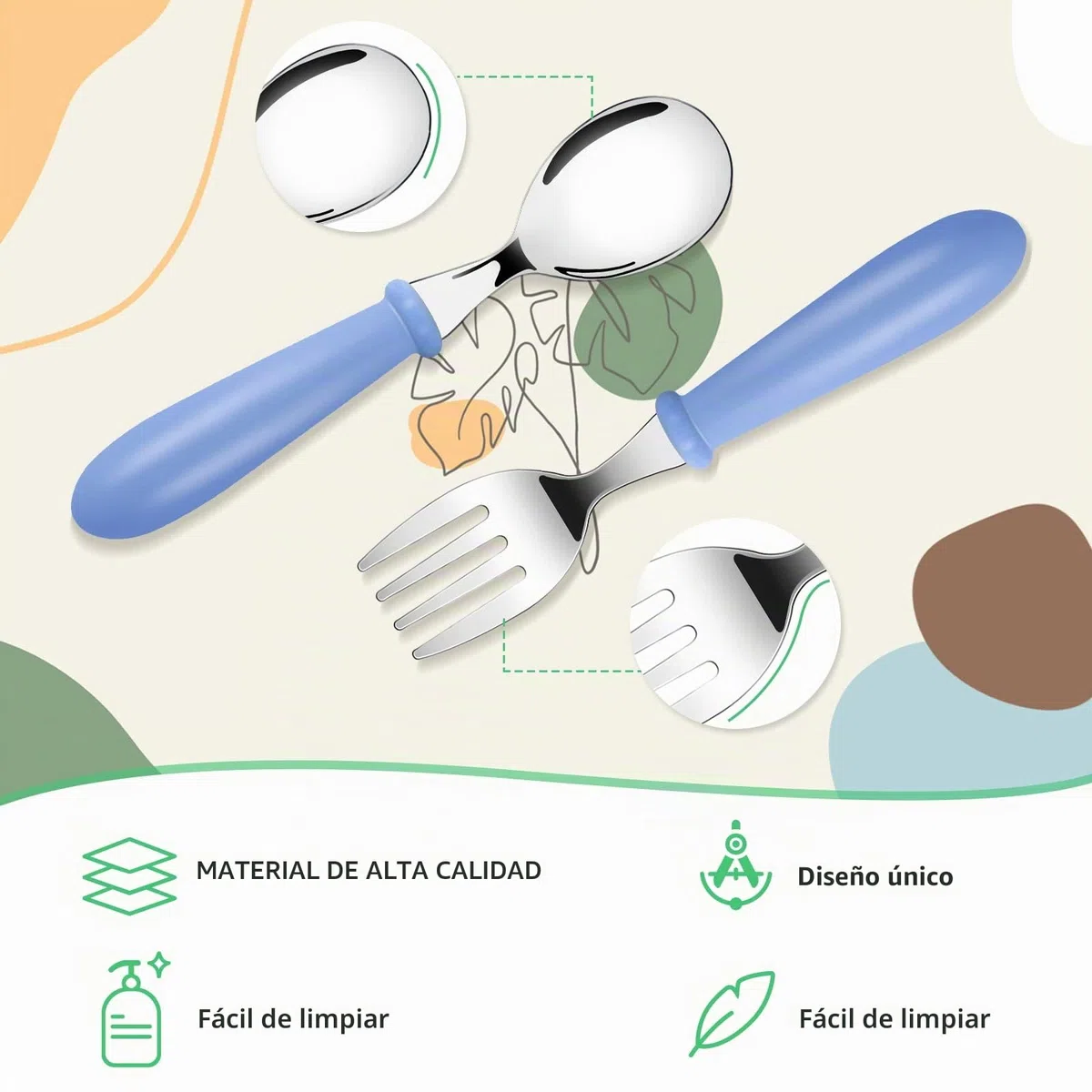 8 Pieza Cubertería Infantiles de Acero Inoxidable, Cubiertos bebe: 4 x Cena Tenedor, 4 x Cena cuchar, Cubierto para Uso en Hogar y Escuela(Azul Verde Rosa Blanco)