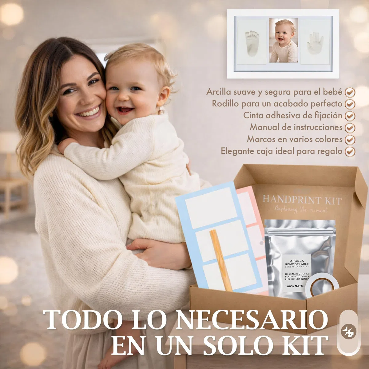 Marco Huellas Bebe Recien Nacido. Cuadro Regalo y recuerdo Original para Nacimiento, Bautizo, Bebes, Recien Nacidos, Embarazadas, Baby shower, Kit Foto para Bebé Niño, Niña con arcilla