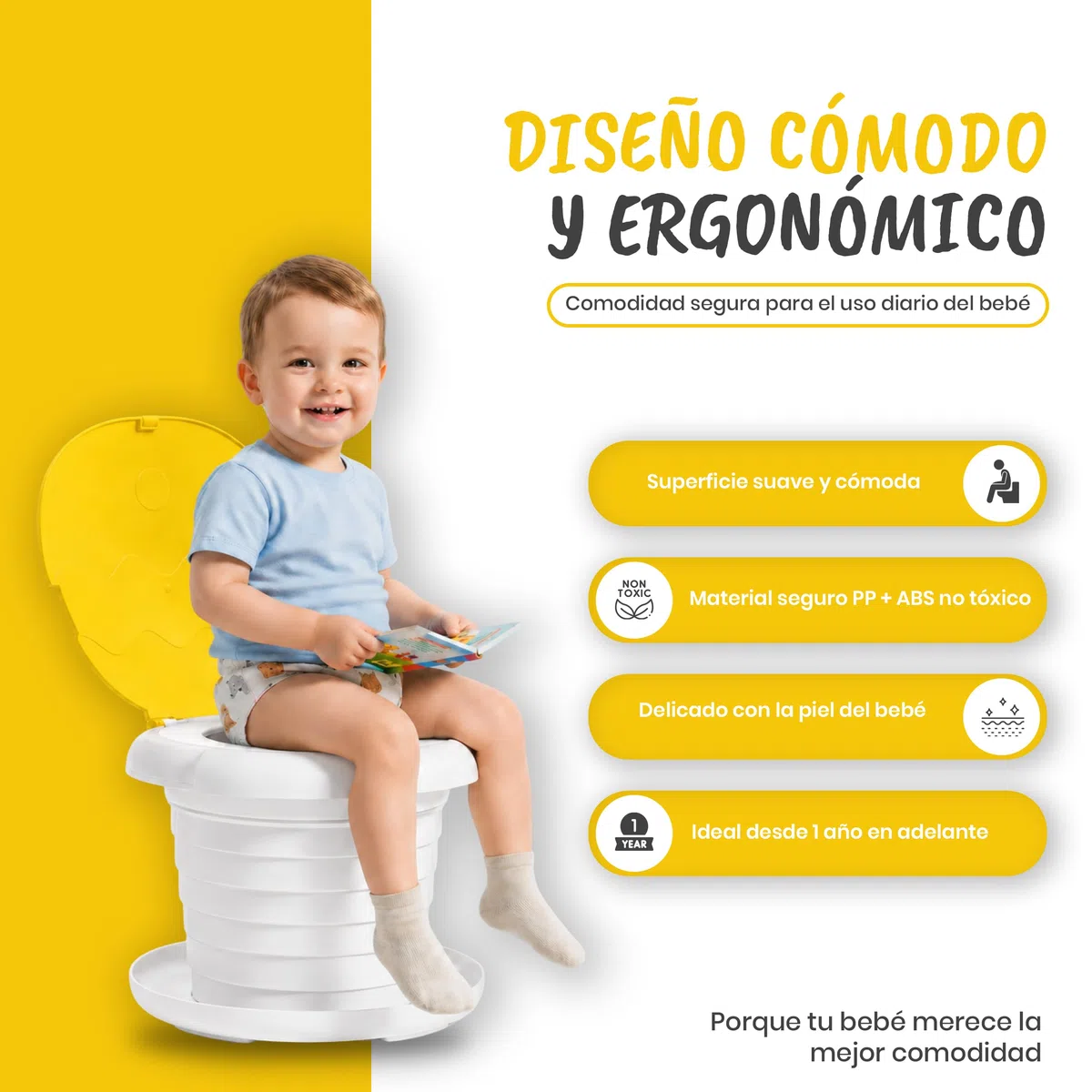 Orinal Portátil Niños Plegable | Orinales Infantiles con 6 Alturas Ajustables | Soporta Hasta 50Kg | Incluye Funda de Transporte y 20 Bolsas Desechables (Amarillo)
