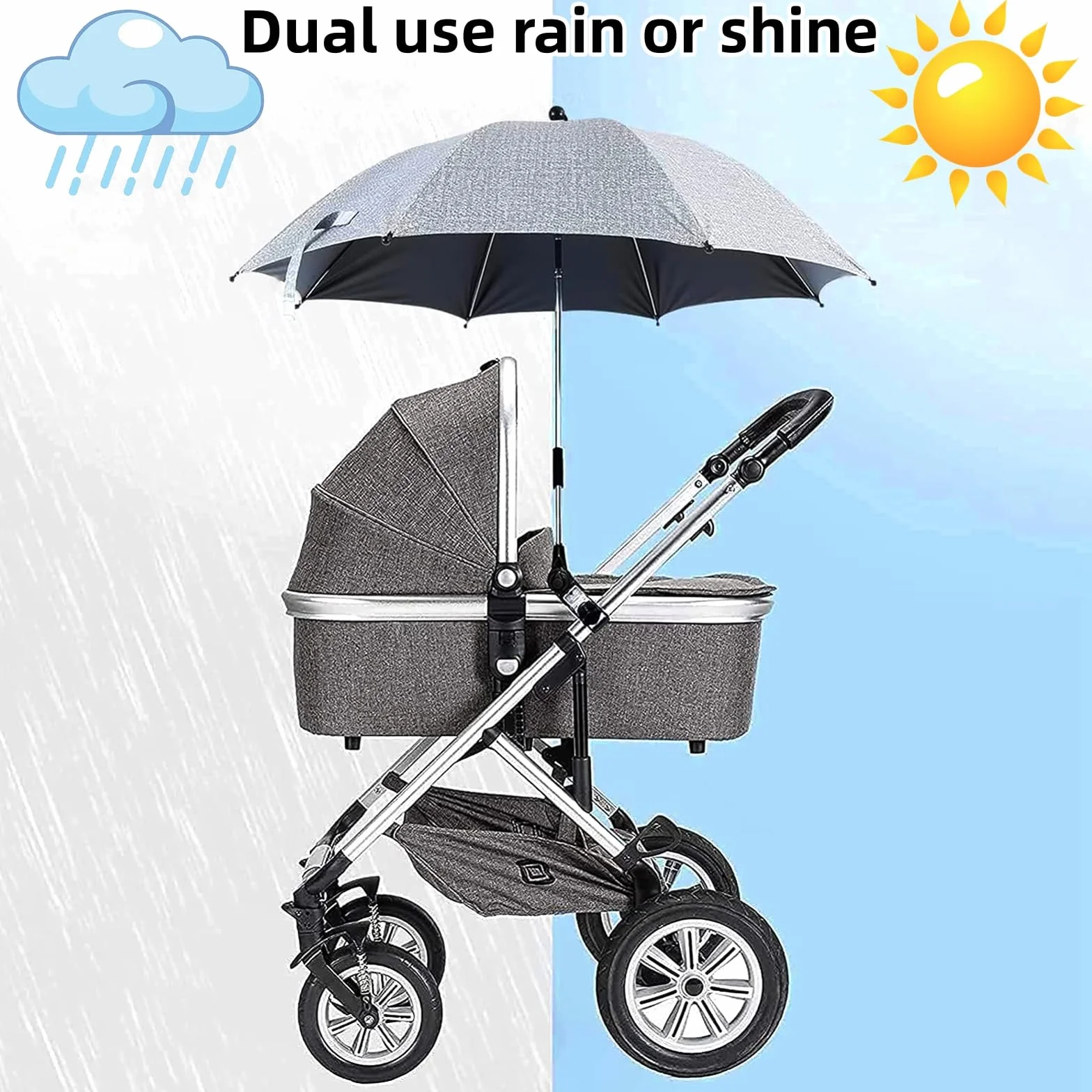 Sombrilla Carrito Bebe Universal, Sombrilla para Cochecito de bebé para Cochecito Anti UV con Abrazadera Ajustable, Gris