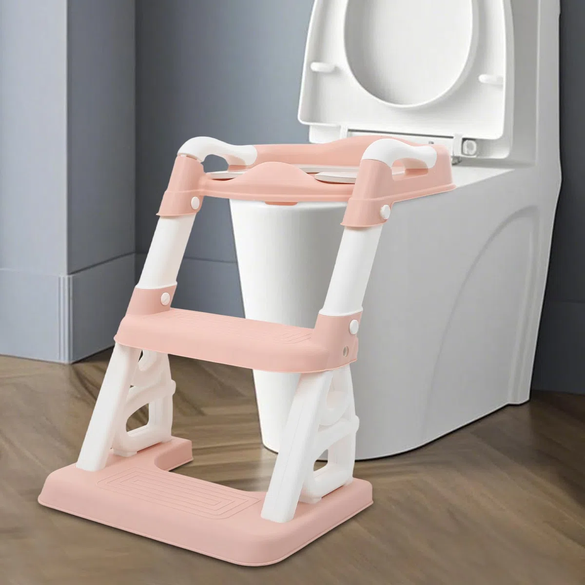Asiento de inodoro para niños, asiento de inodoro con escalera y asas, altura ajustable, accesorio de inodoro plegable para niños, niños, niñas, bebé