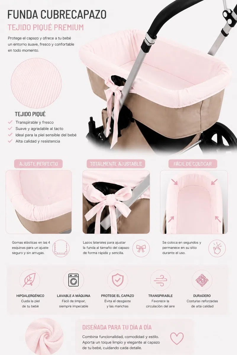 Danielstore Funda Capazo Interior Hipoalergénica Transpirable Cubrecuco Fabricación Española, Rosa, Talla Única, Tejido Piqué de Nido de Abeja, 76x34x29 cm