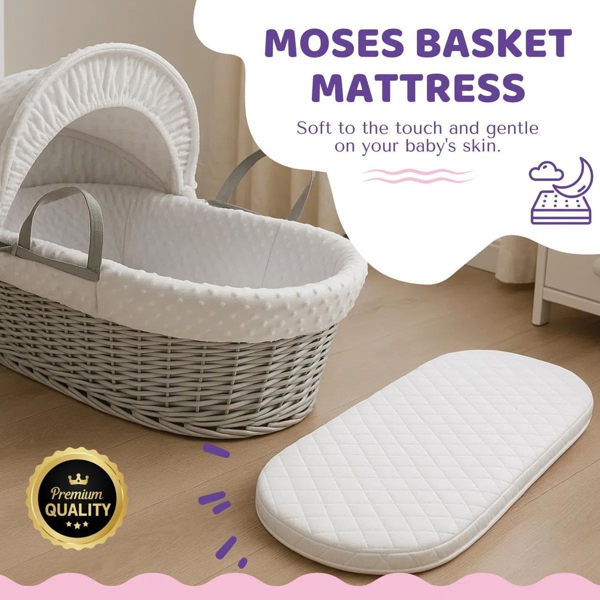 Crescent Textile Moisés - Colchón para cochecito de bebé, extra grueso, súper suave y nutritivo, colchón de espuma clásico, fácil de instalar para cochecito de bebé, cuna, moisés, forma ovalada (67 x