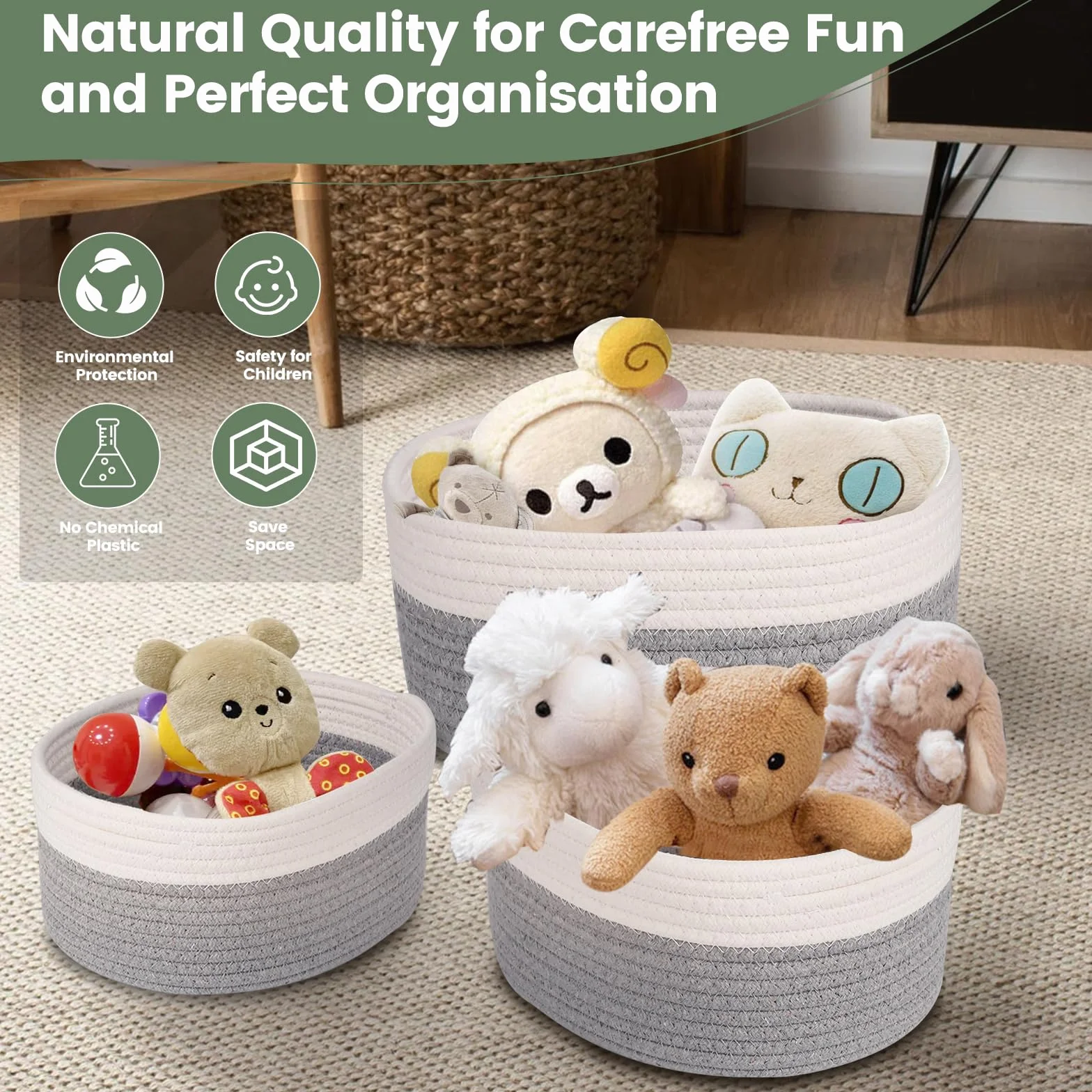 5 Piezas Cestas Almacenaje Tejidas con Cuerda de Algodón,Cestos Organizadores,Cesta Organizadora Bebe, Cestas Organizadoras para Dormitorio, Baño, Cocina, Armario, Juguetes, Maquillaje