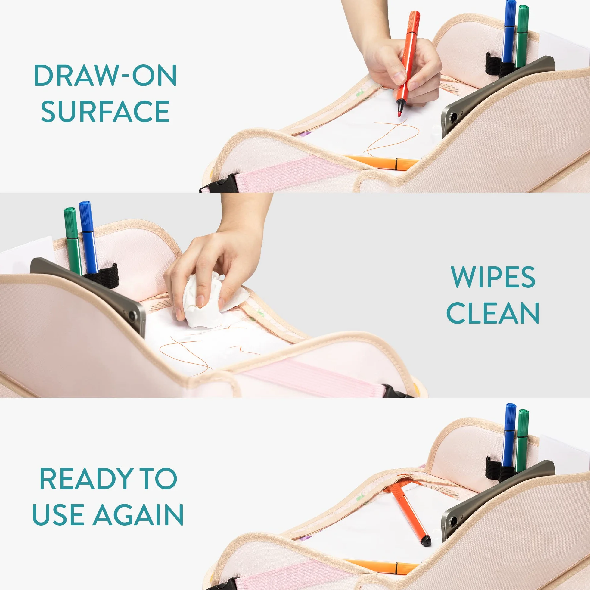 Navaris Mesa de Coche para niños - Bandeja Infantil para Viaje Cochecito avión - para Dibujar apoyar Tablet Snack Botella - Plegable con Bolsillos