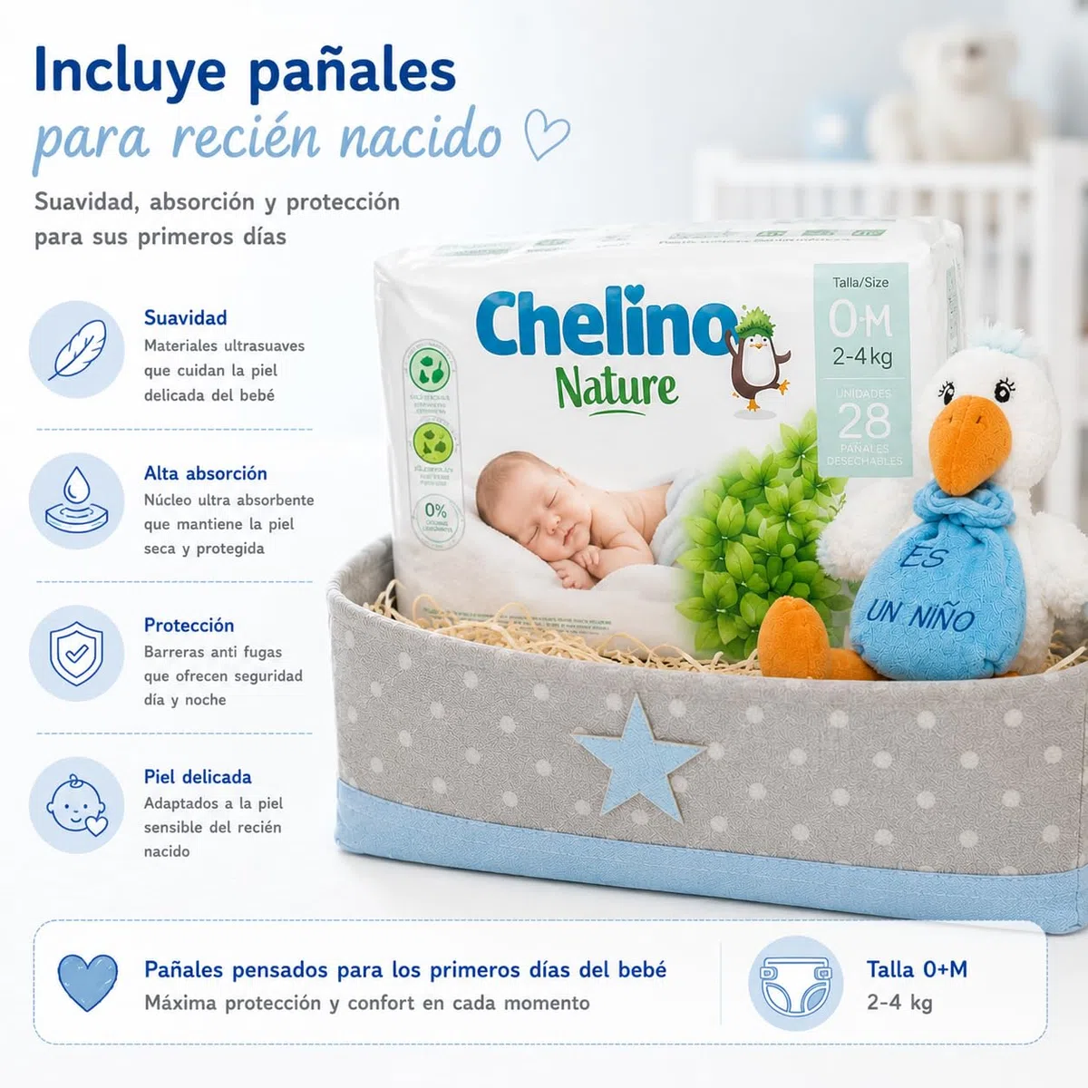 Canastilla Bebé Supreme | Cesta Regalo Recién Nacido | Incluye Caja Multiusos, Peluche Cigüeña, Gel, Champú, Colonia, Crema, Hidratante, Esponja, Cepillo y Peine, Toallitas y Pañales (Azul)