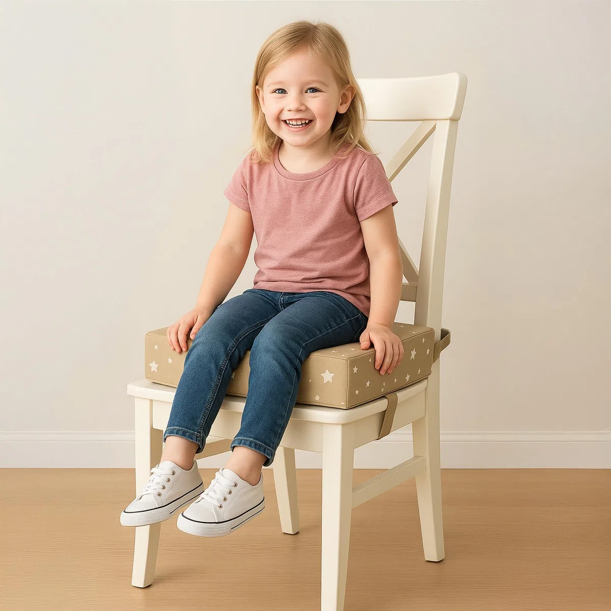 Cojin elevador para silla infantil para comer 32x32x8 cm - Alzador elevador para sillas de niños y niñas Cojín base elevadora con inserto de espuma y funda lavable Beige con estrellas blancas