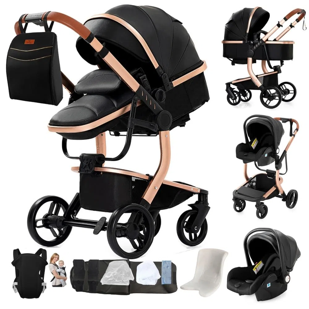 Cochecito 3 en 1 Compacto Plegable con Asiento Convertible,Negro | Plegado sencillo, asiento reclinable, incluye bolso de mamá y portabebés para 0–4 años