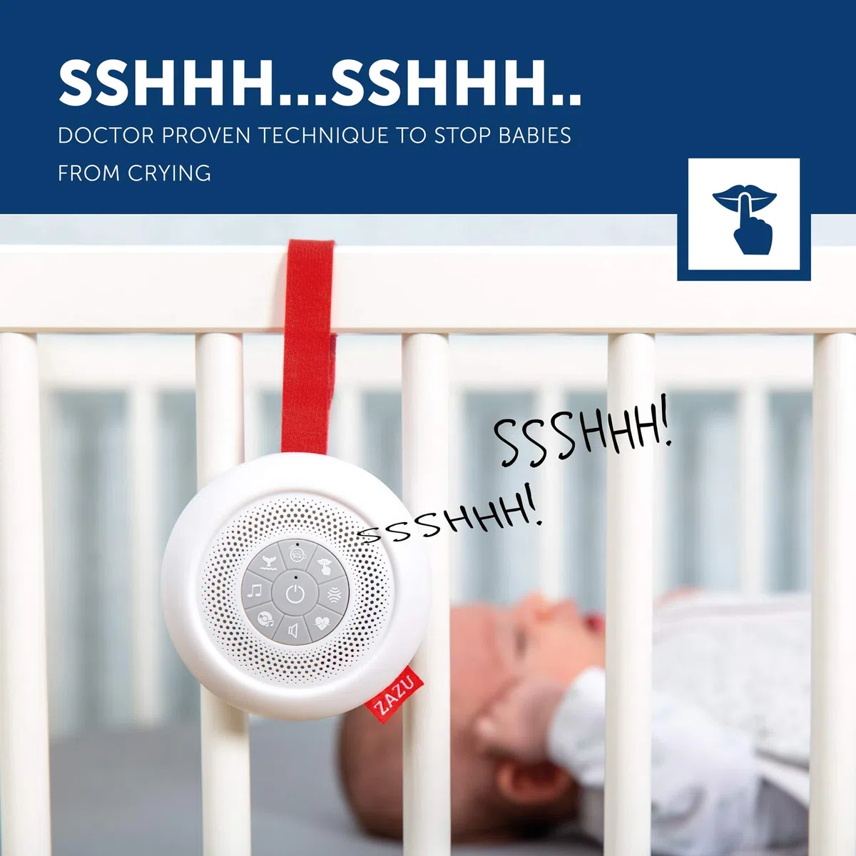 ZAZU Suzy The Baby Shusher - Ayuda para dormir y chupete para bebés | 7 melodías relajantes incluyendo latidos del corazón y ruido blanco | Máquina de sonido sobre la marcha con sensor de llanto |