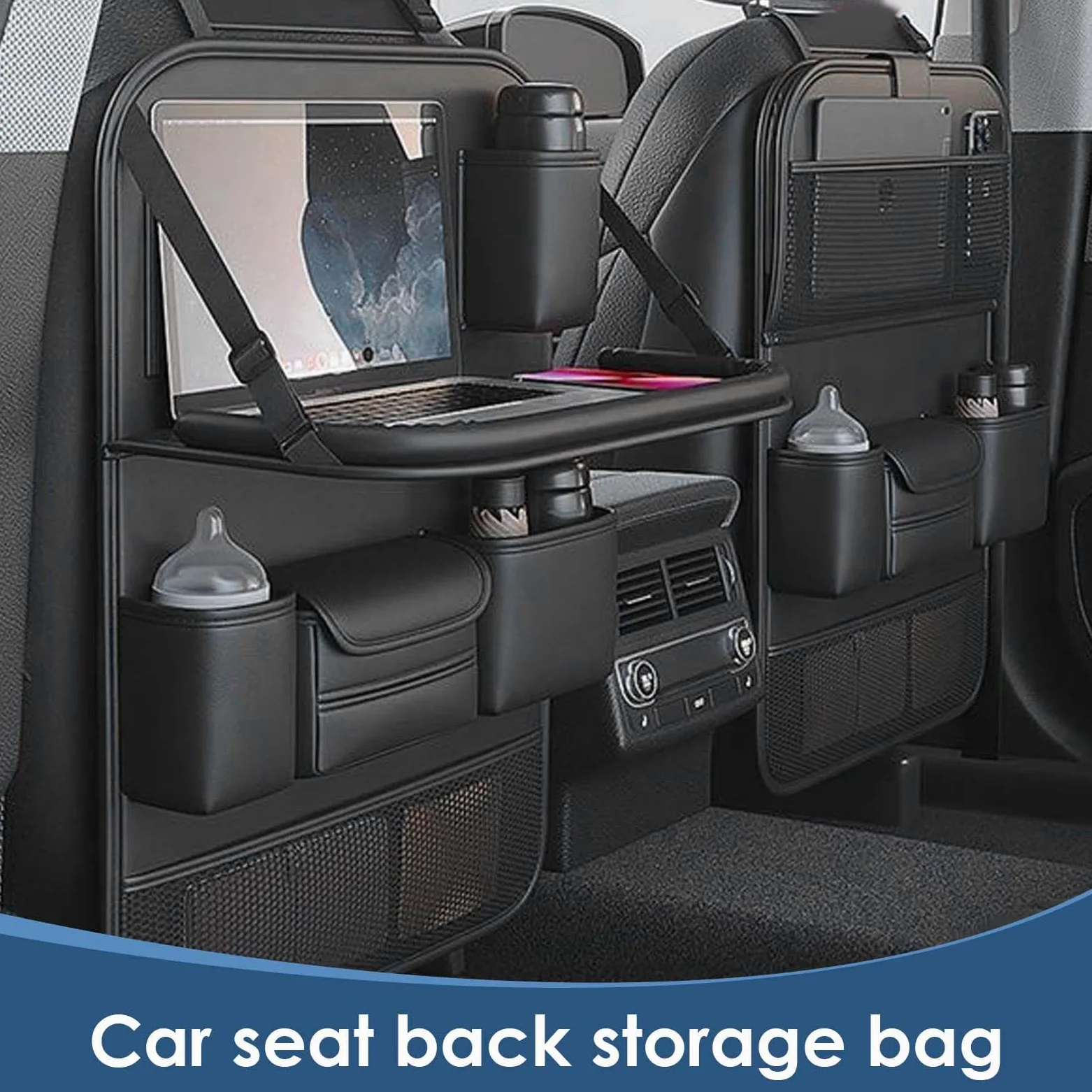 Organizador Coche Asiento, Protector Asiento Coche Respaldo, Multi Bolsillo Almacenamiento de Coche, Organizador para Coche con Mesa Plegable para iPad Tablet Botella Bebida, Negro, 61x42 cm