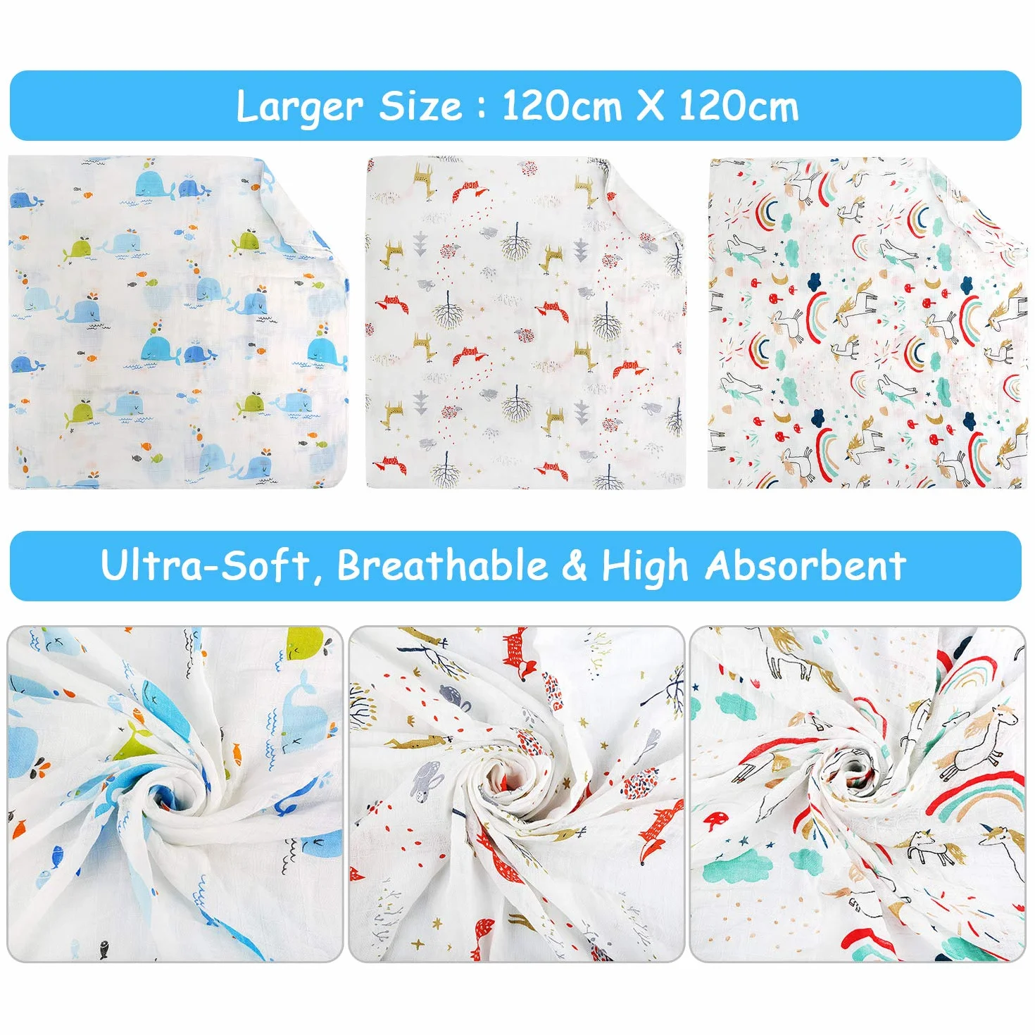Muselina Bebé, Mantas Bebé, Bambú Algodón 120x120 cm Grande Mantas Swaddle de Muselina para Bebes Recién Nacidos, Envoltura Mantas, Suave & Respirable - Paquete de 3