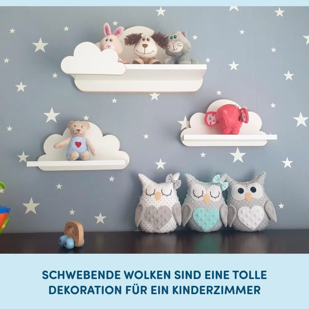 Estantería con Nubes para habitación de bebé, Juego de 3 Unidades, estantería de Pared para habitación Infantil en Color Blanco, estantería de Madera en Estilo escandinavo, estantería