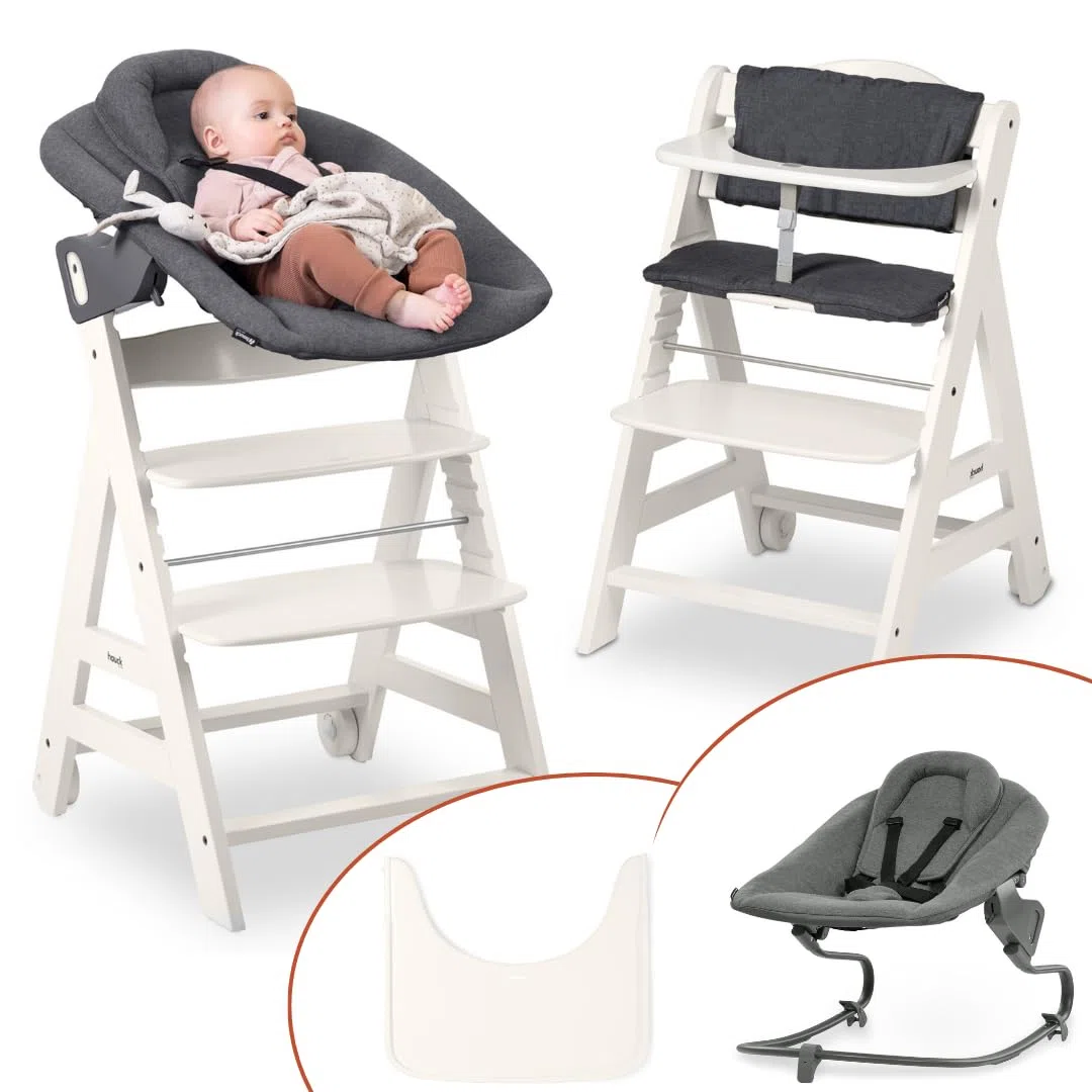 hauck Beta Newborn Set de Trona de Madera para Bebés - Tronas Evolutivas para Recién Nacidos con Hamaca Premium Cojín y Bandeja - Silla Alta Niños Comedor - Blanco