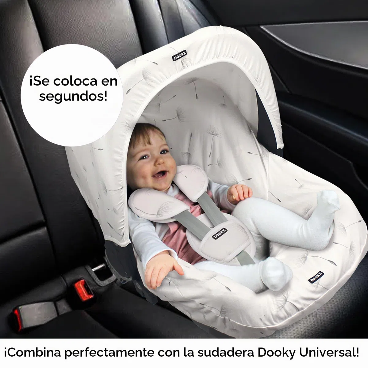 Dooky Seat Cover 0+ Dandelion Cubierta para el Asiento de Coche del bebé (para Sistema de cinturón de 3 y 5 Puntos, Grupo de Edad 0+, Adecuado para la mayoría de Las Marcas), Blanco