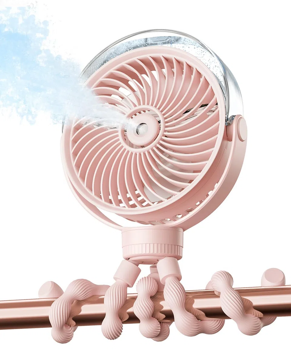 SWEETFULL Ventilador para cochecito de bebé portátil con refrigeración por pulverización, 4 velocidades, ventiladores recargables silenciosos para viajes, al aire libre, carrito de golf, asiento de