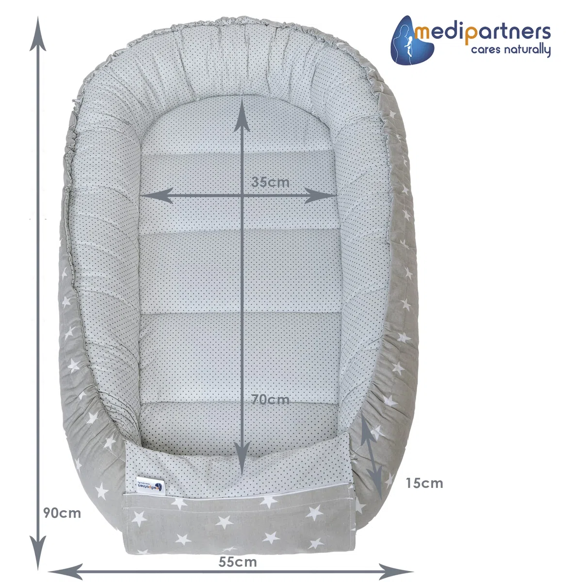 Medi Partners Nido Bebe Recien Nacido Reductor de Cuna - 100x60x15 Portátil o de Viaje de Colecho anticolicos Bilateral Bebés 100% Algodón Minky (Estrellas Blancas sobre Gris con Gris Minky)