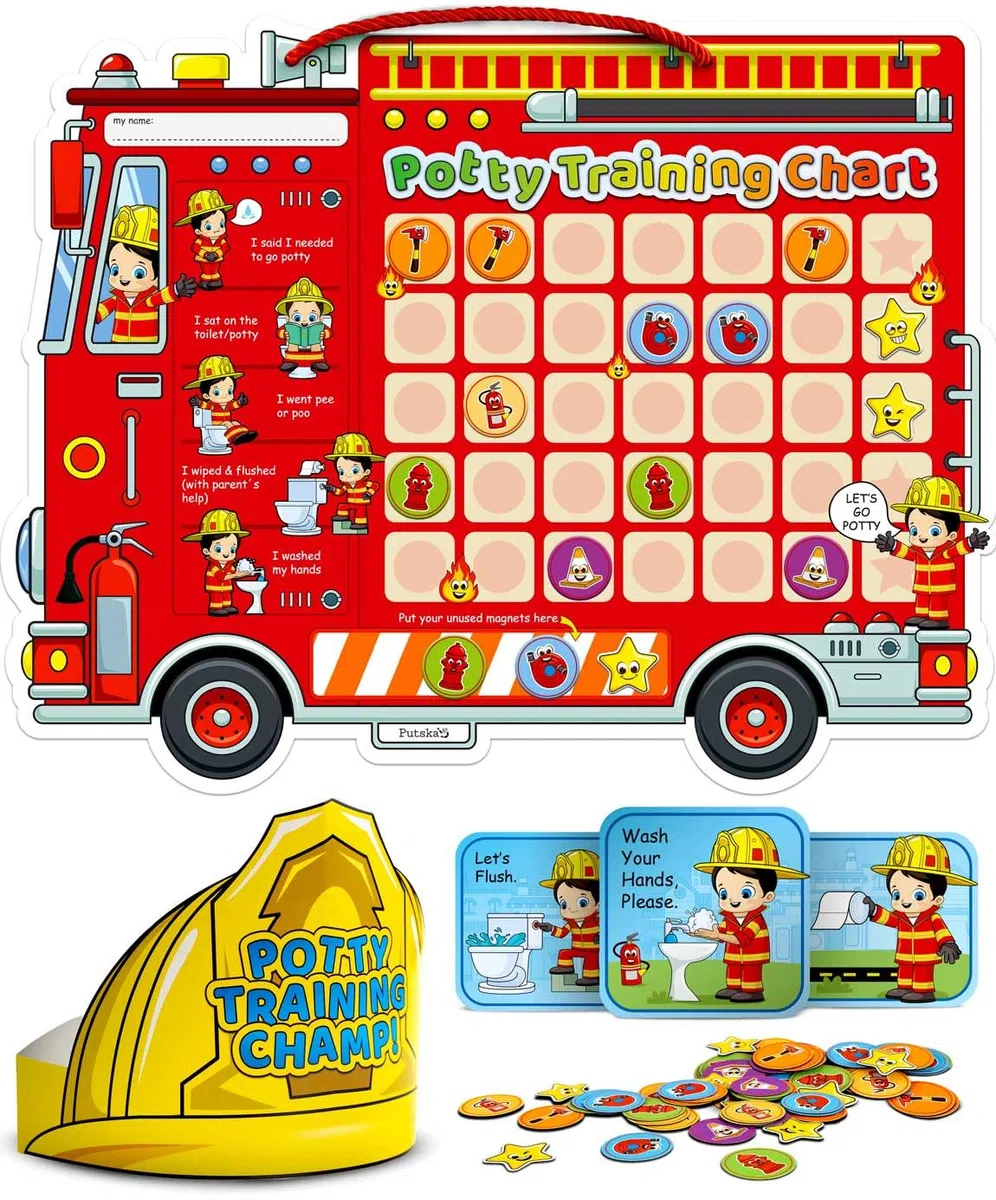 Tabla de entrenamiento para ir al baño con 35 calcomanías, 3 calcomanías recordatorias y corona para niños pequeños y niñas, recompensas de entrenamiento para ir al baño para niños, bombero