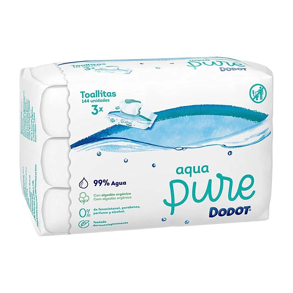 Dodot Aqua Pure Toallitas Bebé con 99% Agua - 3 Paquetes, 144 Toallitas
