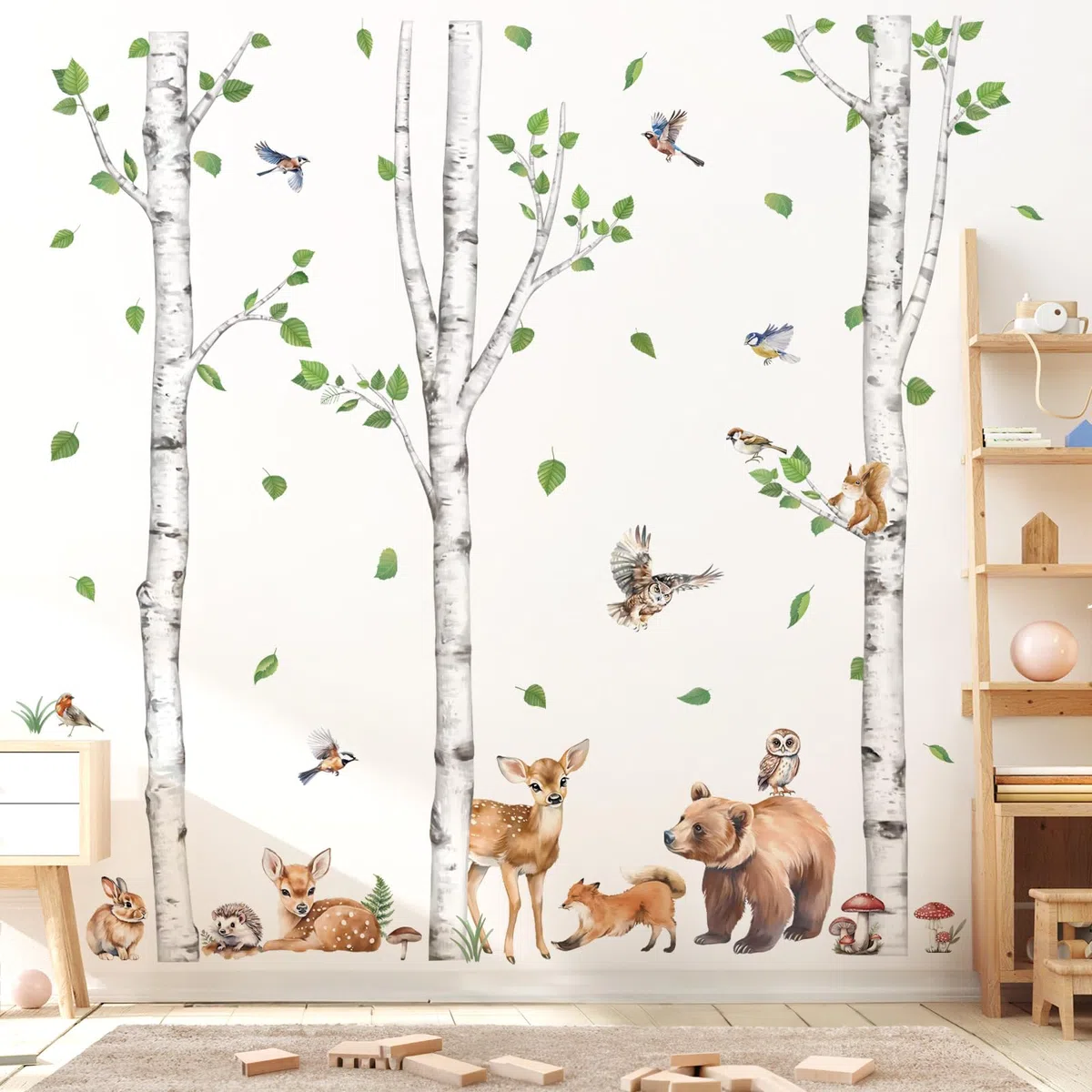 wondever Pegatinas de Pared Animales del Bosque Abedul Árbol Grande Adhesivos Pared Decorativos Ciervo Oso Zorro Vinilos Pared Habitación Niño Bebés Dormitorio Guardería