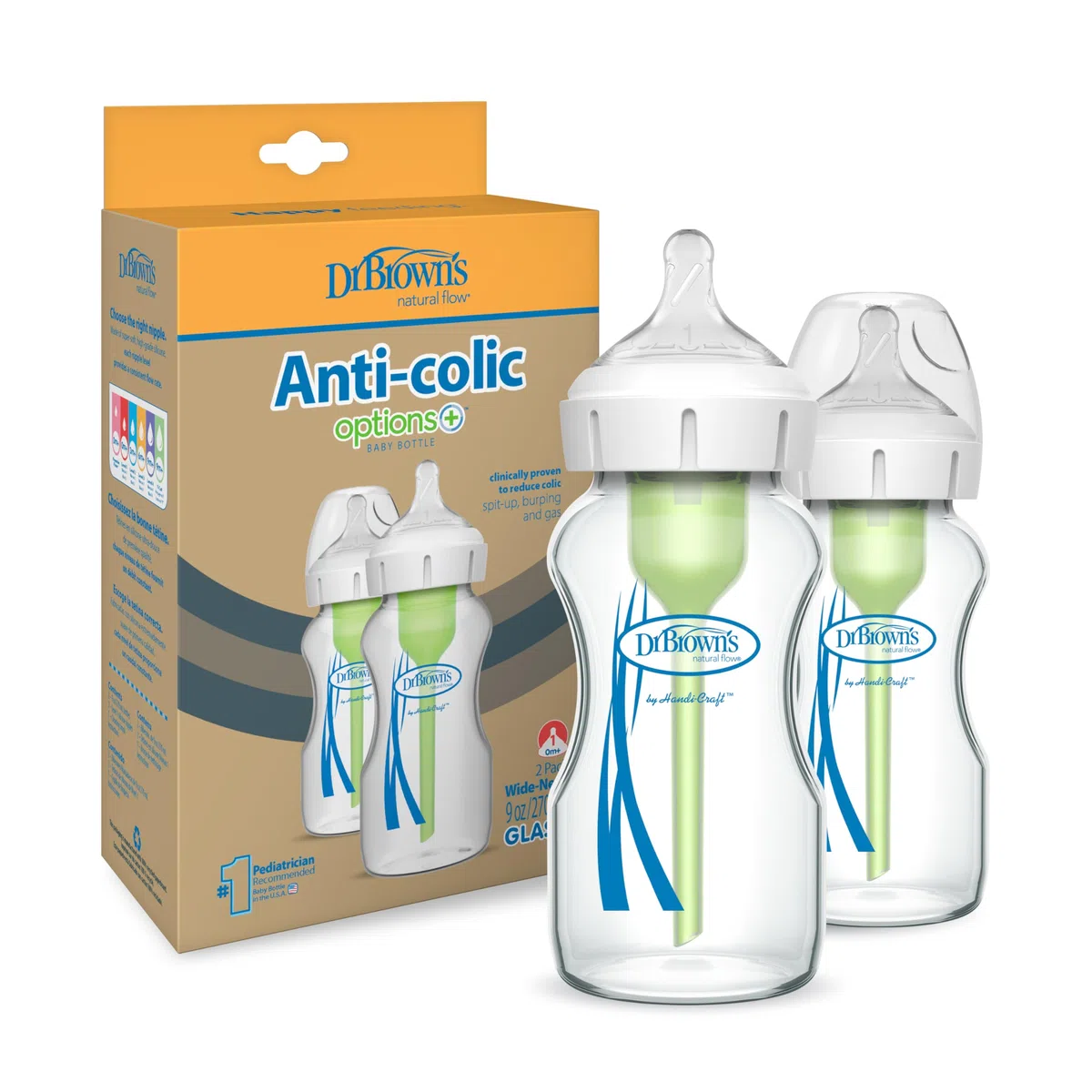 Dr. Brown’s Pack de 2 Biberones Anticólicos de Cristal Options+ 270 ml Boca Ancha – Sistema Patentado con Ventilación Interna - Con Tetina Nivel 1 de Flujo Lento +0 Meses – Silicona Médica y Sin BPA