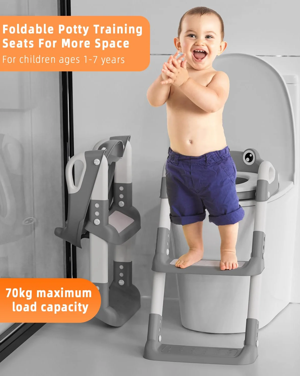 Adaptador WC Niños con Escalera, Reductor WC Niños con PU Cojín Acolchado, Adaptador Baño para Niños, Ajustable y Plegable, Antideslizante Adaptador Vater para Niños